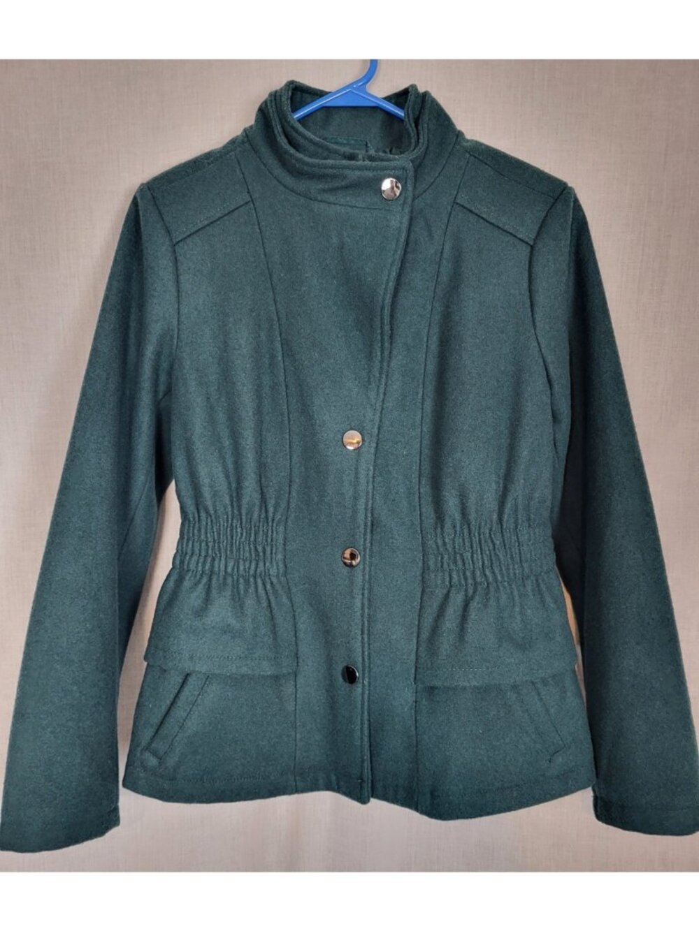 New York & Company Wool blend Coat Women's M Dark Green Snap Mock Neck Winter